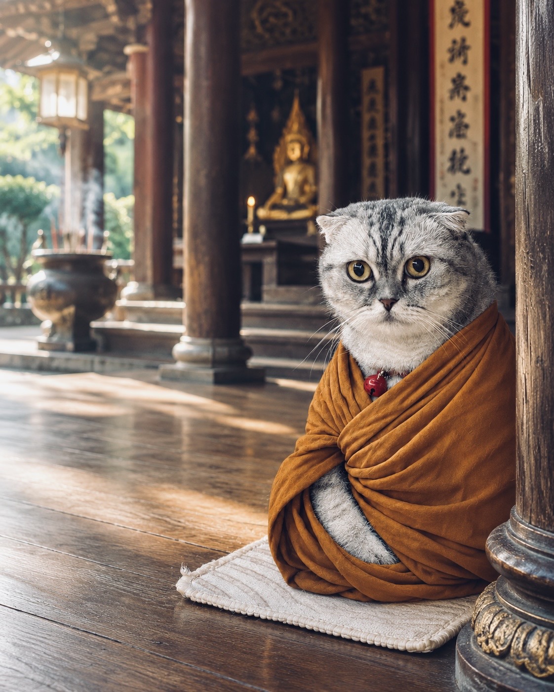 寺院中披着橙色织物的猫